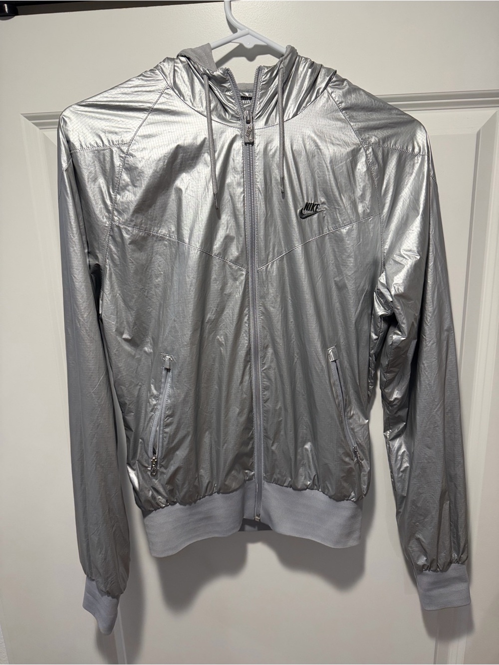 Nike Metallic Silver Hooded Windbreaker Jacket